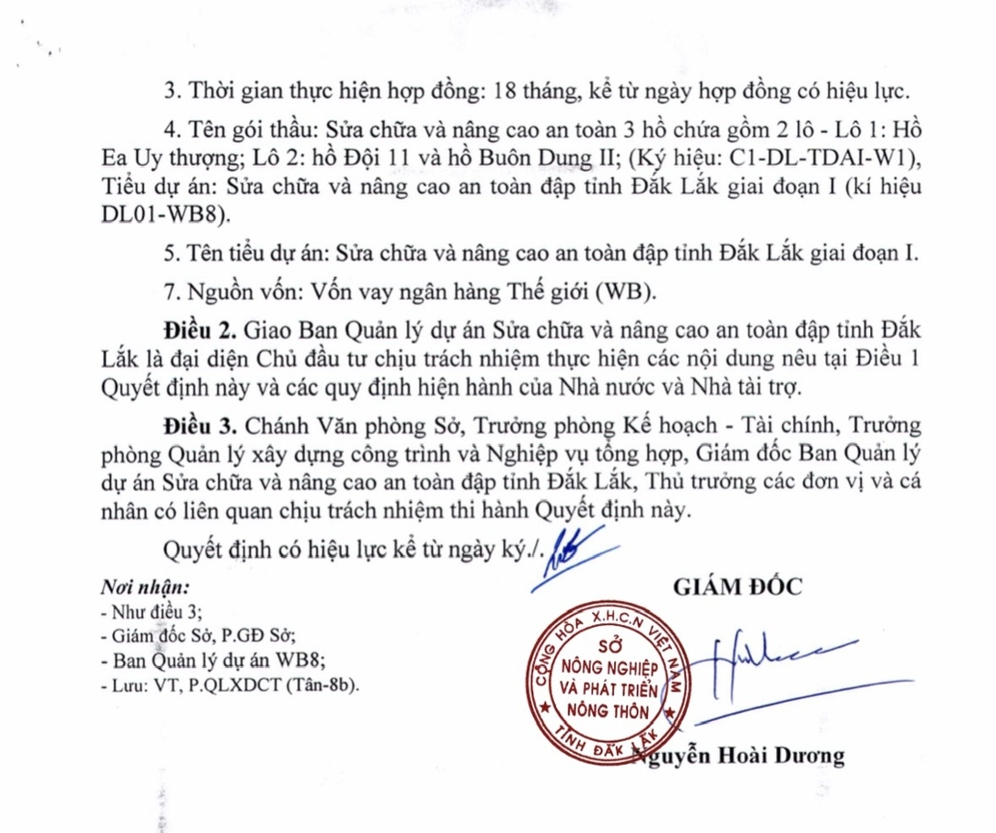Quyết định của Sở Nông nghiệp & PTNT tỉnh Đắk Lắk về việc phê duyệt nhà thầu thi công hồ đội 11 và hồ Bun Dung II