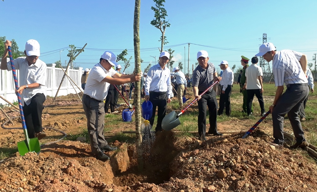 Lãnh đạo Văn phòng điều phối NTM tỉnh; lãnh đạo huyện Bình Sơn, tham gia trồng cây