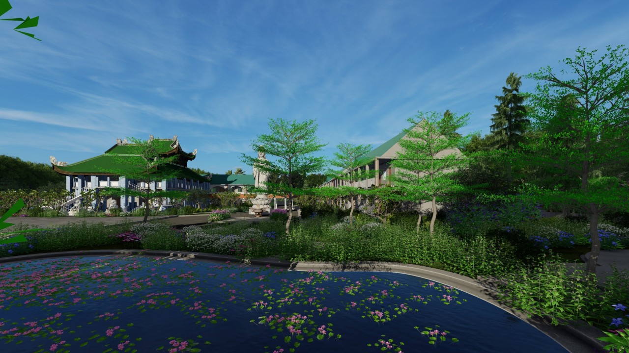Thiết kế cảnh quan (ảnh 3D) với hệ thống cây xanh rộn ràng hoa lá cùng tiếng chim ca, hoa nở quanh năm bên bờ hồ thơ mộng tại trường Trung cấp Phật học Gia Lai - Ý Tưởng thuộc dự án 