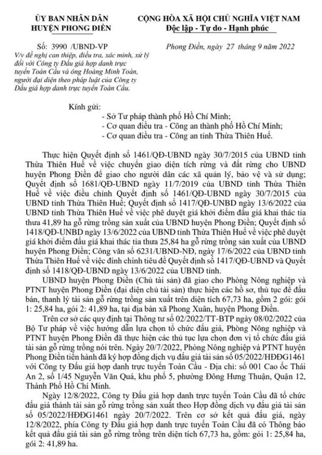 Văn bản UBND huyện Phong Điền gửi cơ quan công an.