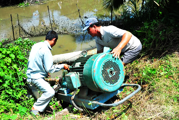 Máy bơm nước được trang bị để cung ứng nước cho cây lúa trong vụ hè thu năm 2024