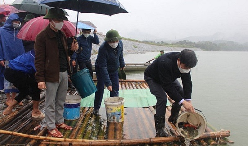 Ông Lê Hồng Vinh Phó, Phó Chủ tịch Thường trực UBND tỉnh cùng lãnh đạo các địa phương thả cá giống xuống lưu vực sông Lam.