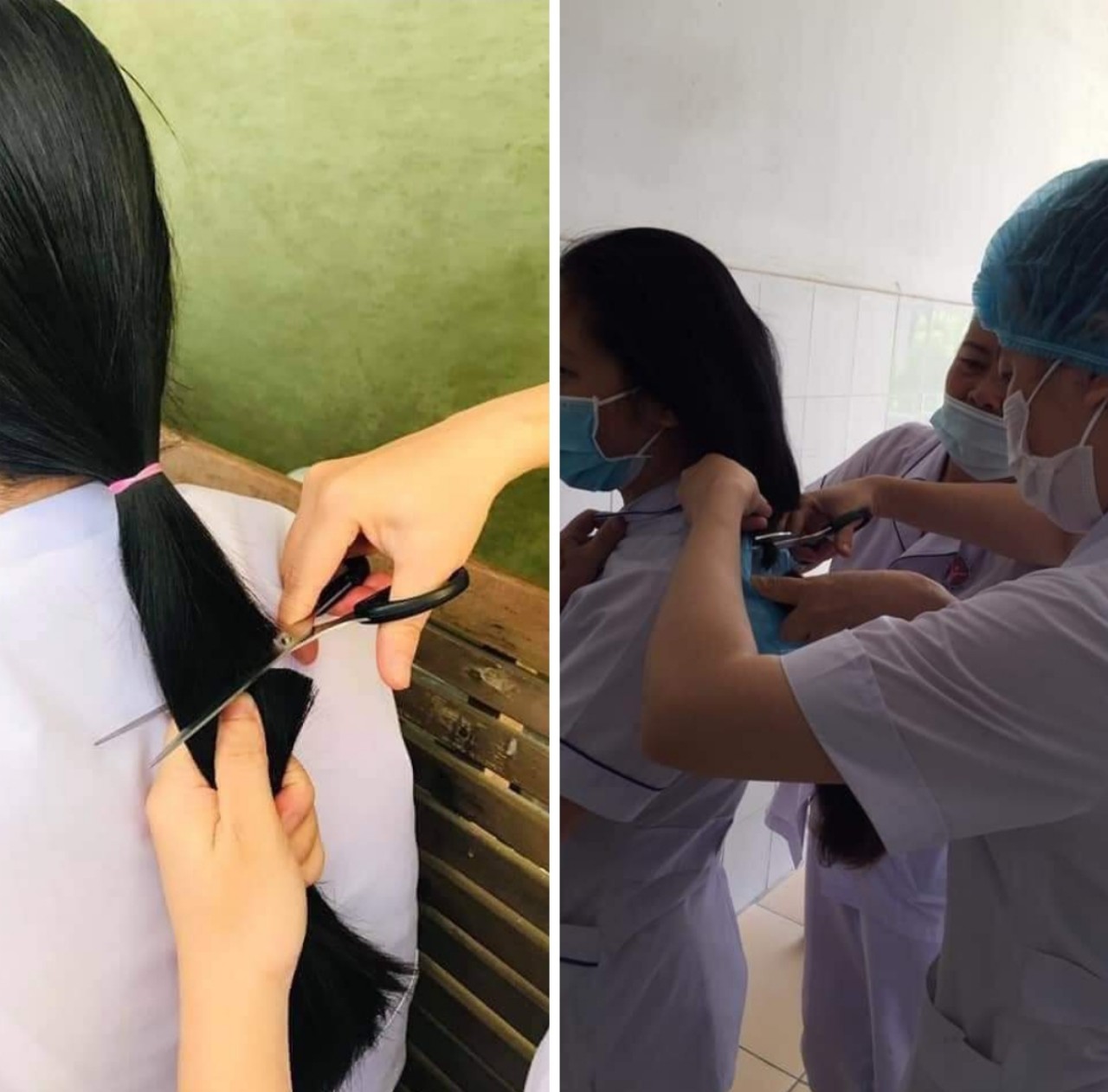 Những nữ y bác sỹ của trung tâm y tế huyện Hưng Nguyên cắt tóc để vào nhận nhiệm vụ tại bệnh viện dã chiến Hưng Nguyên