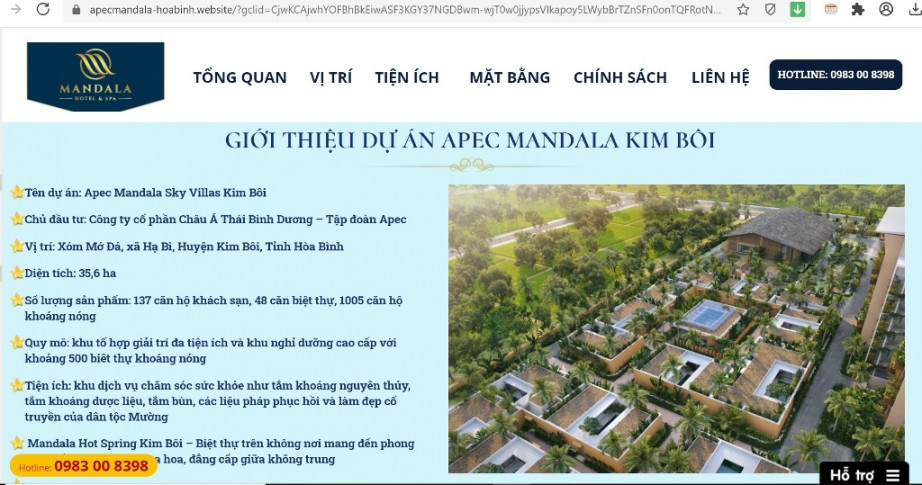 Nhiều thông tin quảng cáo về sự án Apec Mandala Sky Villas Kim Bôi, do Công ty cổ phần Thương mại và Du lịch Kim Bôi làm chủ đầu tư không đúng sự thật. 