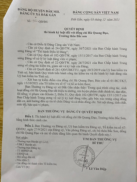 Quyết định thi hành kỷ luật đối với ông Hà Quang Đạo.
