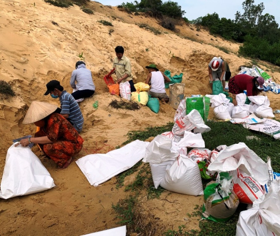 Người dân khu Đông huyện Bình Sơn (Quảng Ngãi) tập trung cho cát vào bao để chèn chống nhà cửa