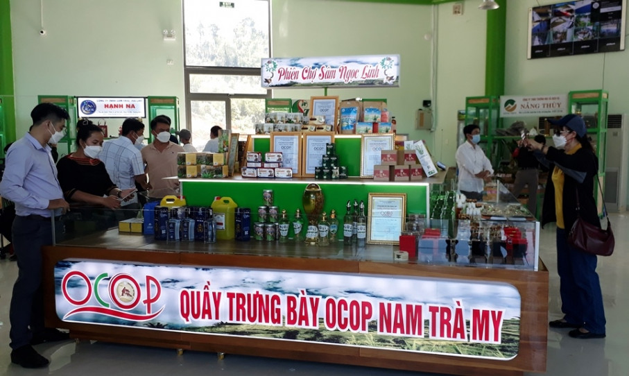 Các gian hàng trưng bày giới thiệu cây sâm Ngọc Linh và sản phẩm OCOP của huyện Nam Trà My.