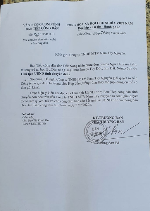 Ban Tiếp công dân tỉnh Đắk Nông yêu cầu Công ty TNHH MTV Lâm nghiệp Nam Tây Nguyên rà soát, giải quyết theo thẩm quyền.