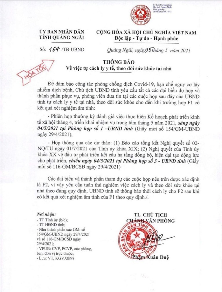 Công văn hoả tốc của UBND tỉnh Quảng Ngãi thông báo F2 tự cách ly y tế, theo dõi sức khoẻ.