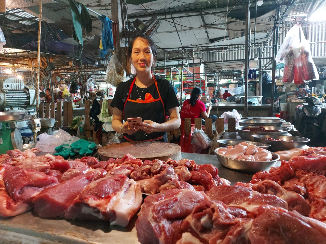 Dù thịt đã được kiểm dịch nhưng quầy thịt chị Nguyễn Thị Hoa vẫn thưa thớt khách